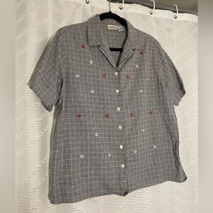 Vintage Black and White Gingham/Plaid Floral Short Sleeve Button up, 100% Cotton